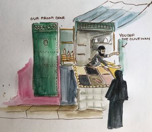 Sketch: Yousef the olive man and our front door